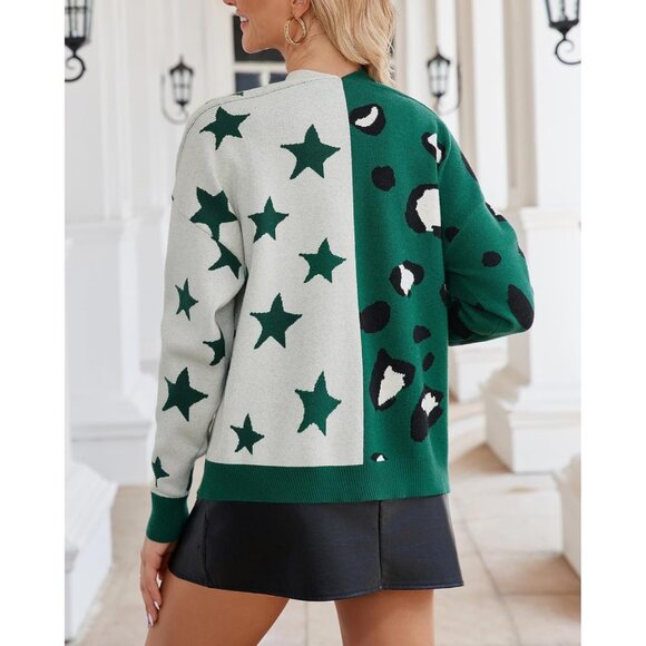 Women's Leopard Star Cardigan V-Neck Long Sleeve Button Down Oversized - Picture 6 of 7